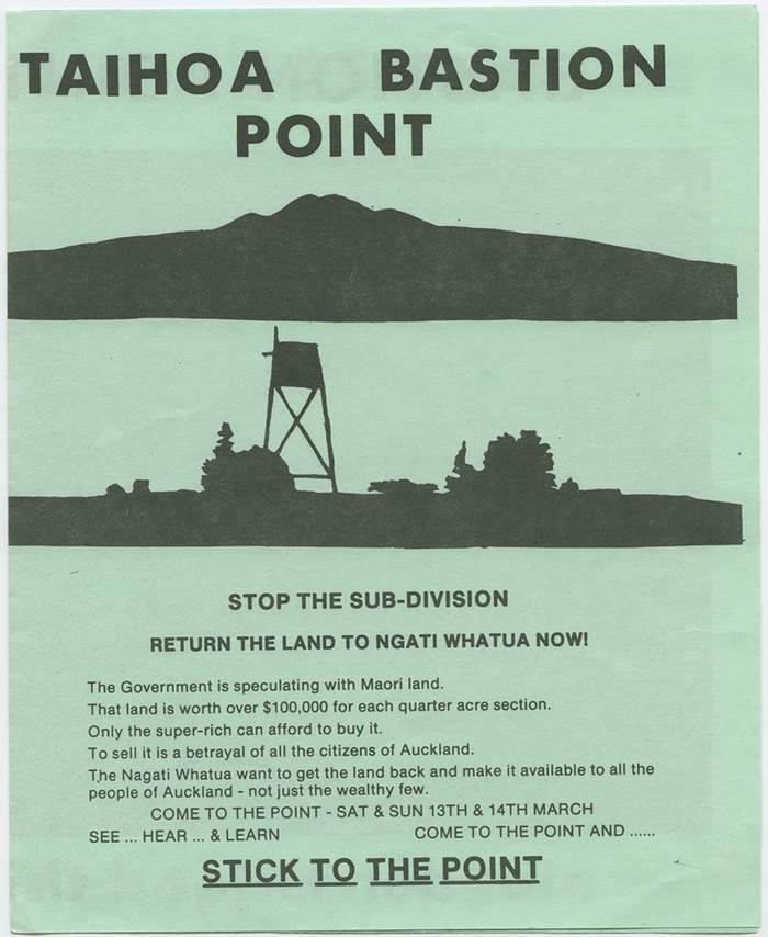 Bastion Point poster, 1978. This poster calls for the return of land at Bastion Point to the Auckland tribe Ngāti Whātua. &#39;Taihoa&#39; means to wait or be cautious. EPH-PRO-3-3