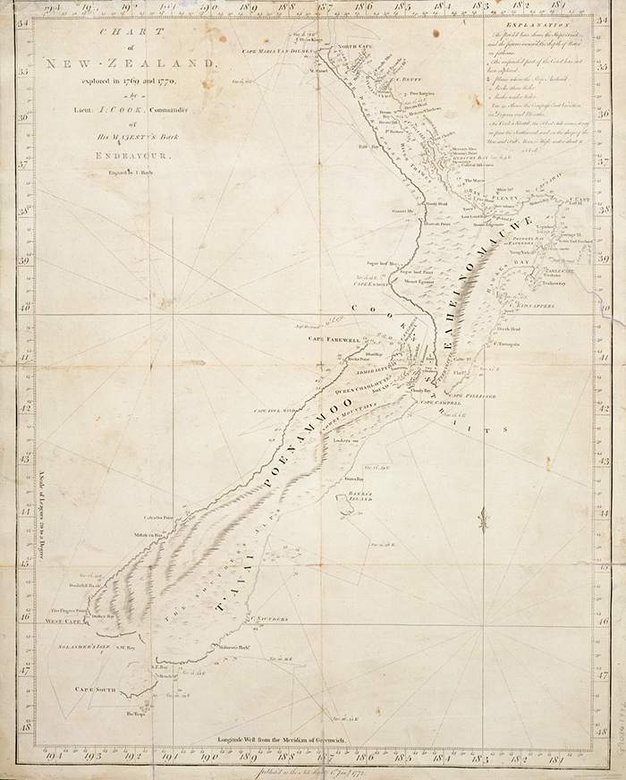 Chart of New Zealand explored in 1769 and 1770 by Lieut. J. Cook, Commander of His Majesty&#39;s Bark Endeavour. Engraved by J. Bayly. [London], 1772. G9080