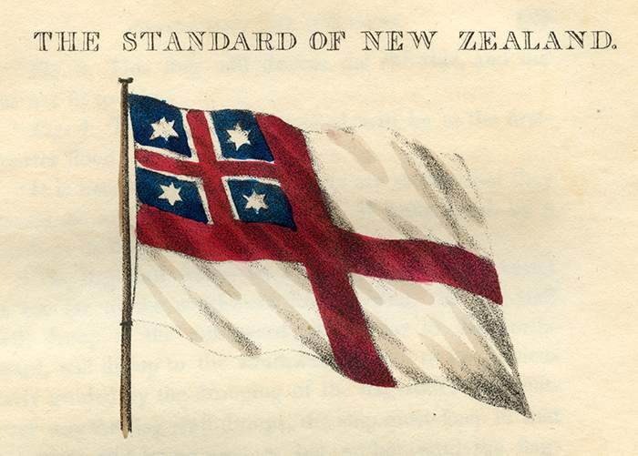 United Tribes&#39; flag as published in the 1855 book &#39;An account of New Zealand and of the formation and progress of the Church Missionary Society&#39;s mission in the northern island&#39; by Missionary William Yate.