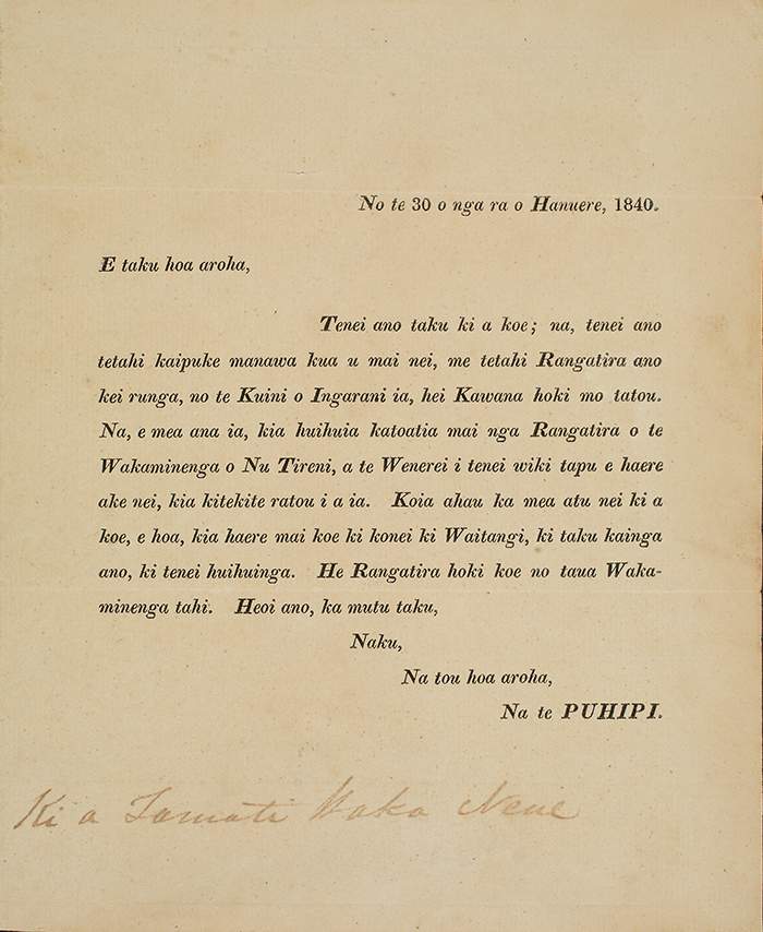 Invitation from James Busby to the chief Tāmati Wāka Nene, inviting him to the meeting at Waitangi in 1840. MS-93-116_01