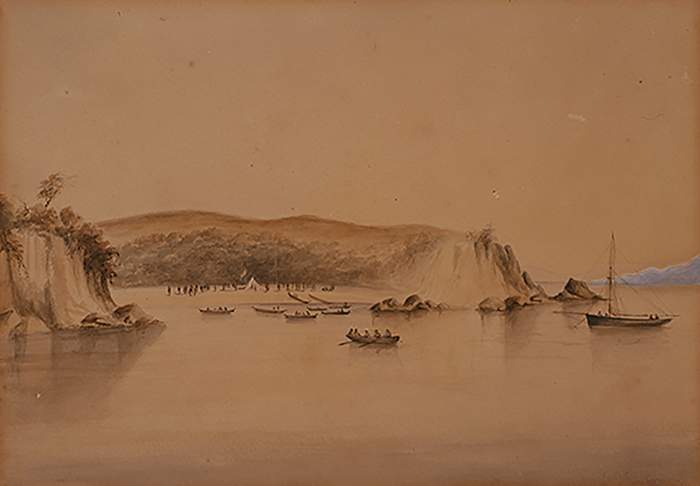 Signing of the Treaty of Waitangi by Māori chiefs at Karaka Bay, at the entrance to the Tāmaki River, June 1840. PD-1895-1-1