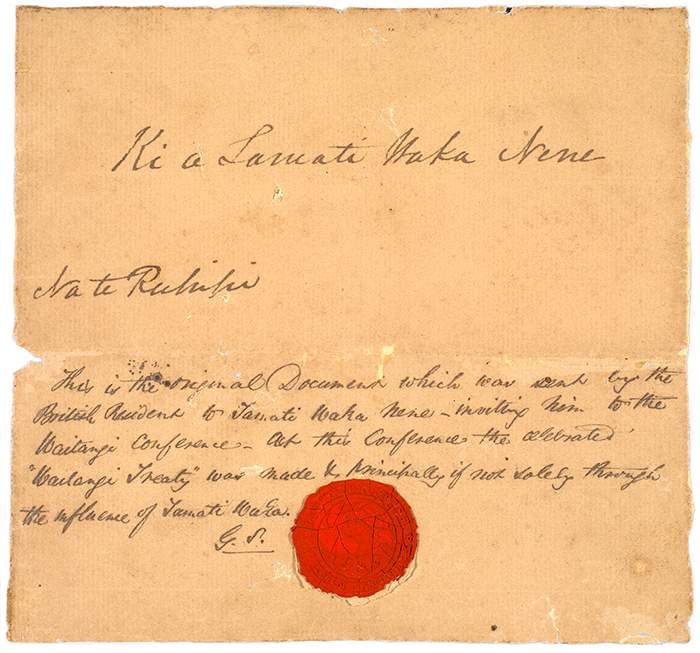Letter from James Busby to the chief Tāmati Wāka Nene, inviting him to the meeting at Waitangi in 1840. Wāka Nene played a crucial role in encouraging Māori to sign the Treaty, saying the British would protect them. MS-93-116&amp;nbsp;