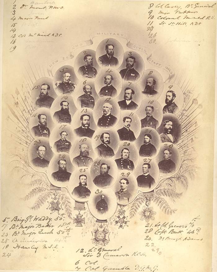 Portraits of NZ military staff, 1864-65. Lieutenant-General Duncan Cameron and troops. Albumen silver. PH-ALB-91-p32