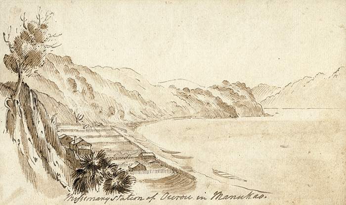 1840 Missionary station at &#39;Ourou&#39; (Orua Bay) on the Manukau Harbour, about 1840. This sheltered bay is thought to be near the site of one of the Auckland region Treaty signings. Pen and wash on paper. PD-1963-8-23