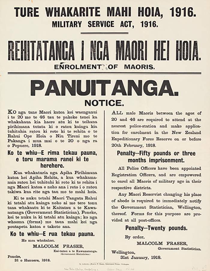 Notice calling for the compulsory enrolment of Māori men in the New Zealand Expeditionary Force Reserve in World War I. PW1(49)