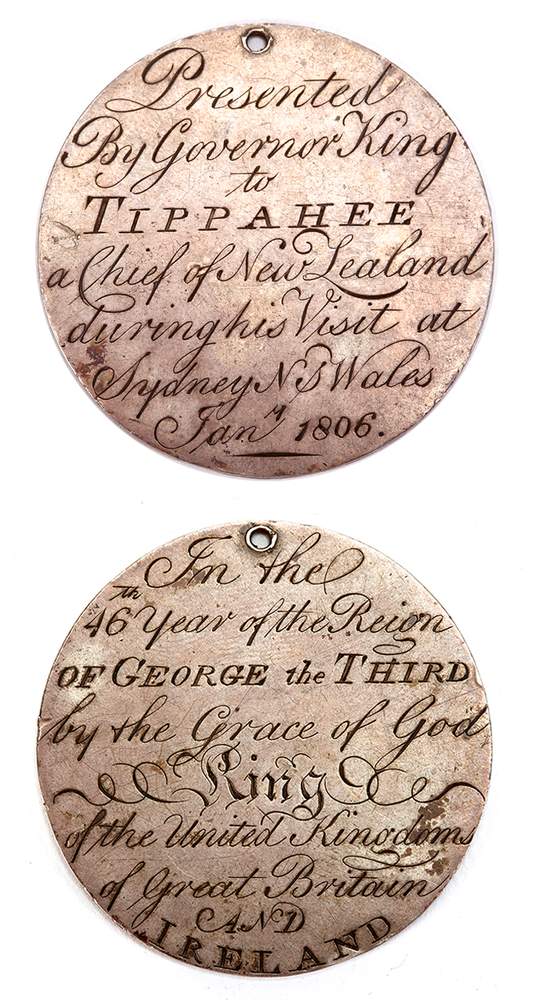 The ‘Te Pahi medal’. A silver medal given by the New South Wales governor to Te Pahi during his visit to Sydney in 1806. Silver. Collection of the Museum of New Zealand Te Papa Tongarewa and the Auckland War Memorial Museum Tāmaki Paenga Hira. Purchased, 2014. 2014.59.1